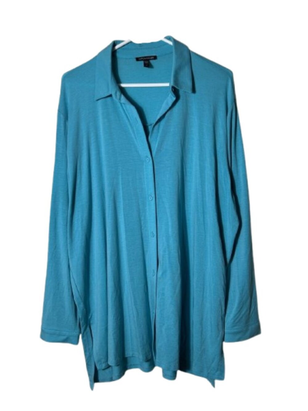 Eileen Fisher blue clare stretch jersey button up shirt womens L classic collar